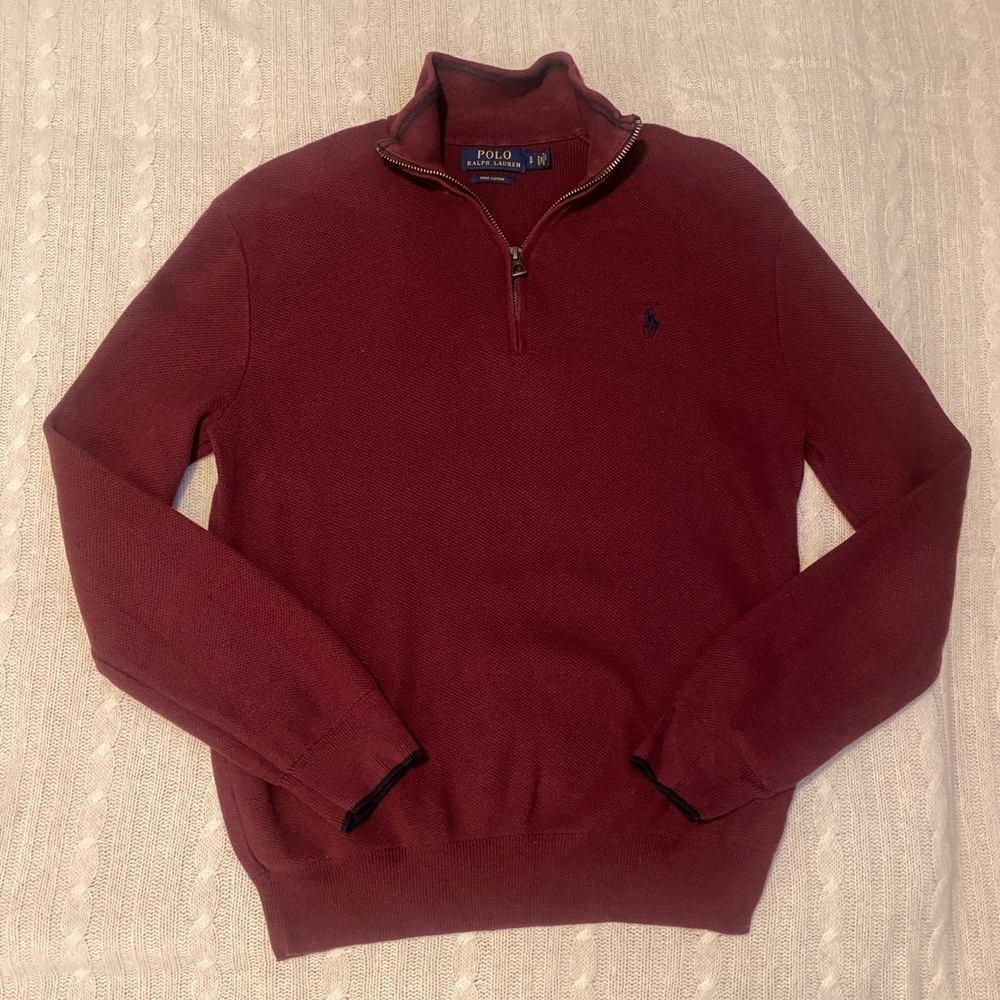 Polo Ralph Lauren Mens Burgundy Mesh-Knit Pima Cotton Quarter-Zip‎ Sweater Sz S